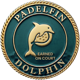 The padelfin dolphin badge: a gold coin on sea-teal enamel reading Dolphin, earned on court